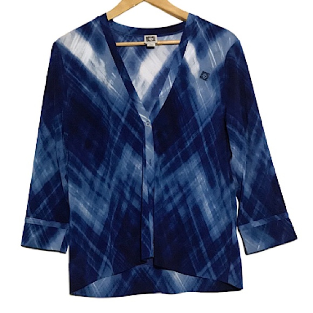 Anne Klein Blue Button Up Cardigan Blouse White Accents Size Large NWOT